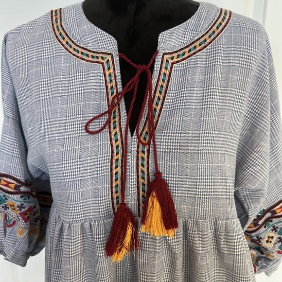 She & Sky Boho Embroidered Tassel Statement Sleeves Dress - Picture 3 of 6